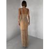 Hnědé třpytivé nude dlouhé šaty ORYNTHIA s kamínky