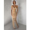 Hnědé třpytivé nude dlouhé šaty ORYNTHIA s kamínky