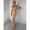 Hnědé třpytivé nude dlouhé šaty ORYNTHIA s kamínky
