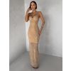 Hnědé třpytivé nude dlouhé šaty ORYNTHIA s kamínky