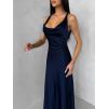 Tmavě modré saténové dlouhé šaty MIREVE s odhalenými zády