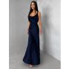 Tmavě modré saténové dlouhé šaty MIREVE s odhalenými zády