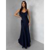 Tmavě modré saténové dlouhé šaty MIREVE s odhalenými zády