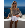 Šedo hnědý mušelínový krátký crop top IRONHID s dlouhým rukávem