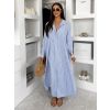 Modré pruhované dlouhé basic oversized bavlněné košilové šaty FLARETA