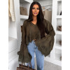 Khaki 100% bavlněná elegantní krátká halenka CLEOAA s krajkou