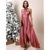 Malinové dlouhé lesklé šaty THERESA s rozparkem