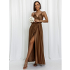 Hnědé lesklé dlouhé plesové šaty CHRYSANTHE