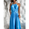 Modré dlouhé lesklé elegantní šaty MADES se zavazováním