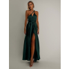 Smaragdové lesklé šaty VALERDI s variabilním vázáním a rozparkem