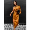 Okrové lesklé elegantní šaty RAINA s rozparkem
