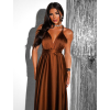 Hnědé lesklé šaty VALERDI s variabilním vázáním a rozparkem