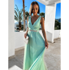 Mentolové dlouhé elegantní šaty WEEP se štrasovým opaskem