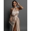 Béžové lesklé šaty VALERDI s variabilním vázáním a rozparkem