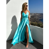Tyrkysové lesklé dlouhé plesové šaty CHRYSANTHE