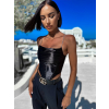 Černý lesklý elegantní top LUXERO se stříbrnými ramínky