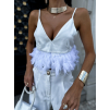 Bílý elegantní crop top KINCELES s peřím