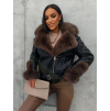 Černá krátká koženková bunda HIGHUL s hnědým kožíškem