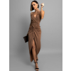Hnědé stylové elegantní šaty PALES s rozparkem