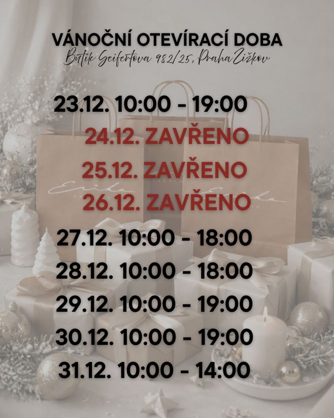🎄 VÁNOČNÍ OTEVÍRACÍ DOBA – Erika Fashion 🎄 Plánujete vánoční nákupy dárků nebo outfitu na poslední chvíli? ✨ Mrkněte na...